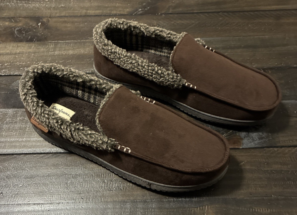 New Men’s Dearfoams XL 13-14 Slippers Brown Alexander Microsuede Moccasins
